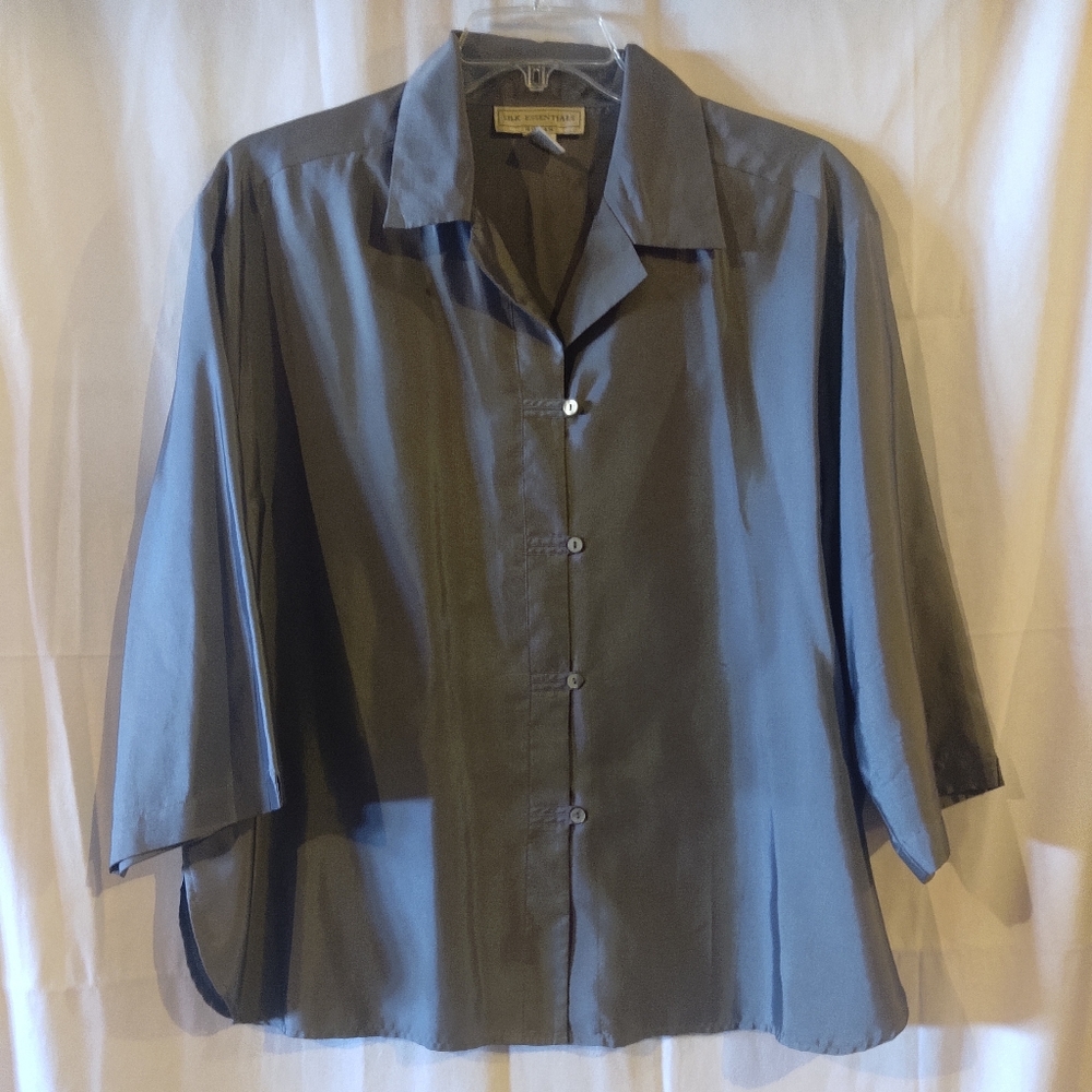 Silk Essentials Grey Silk Button Down Blouse Jack… - image 2
